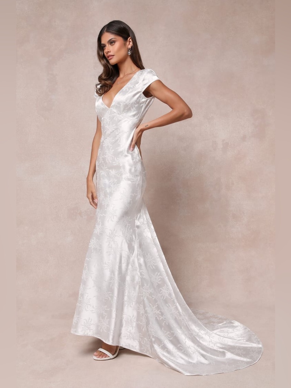 Lulus Loveliest Dream White Satin Jacquard Mermaid Wedding Dress S